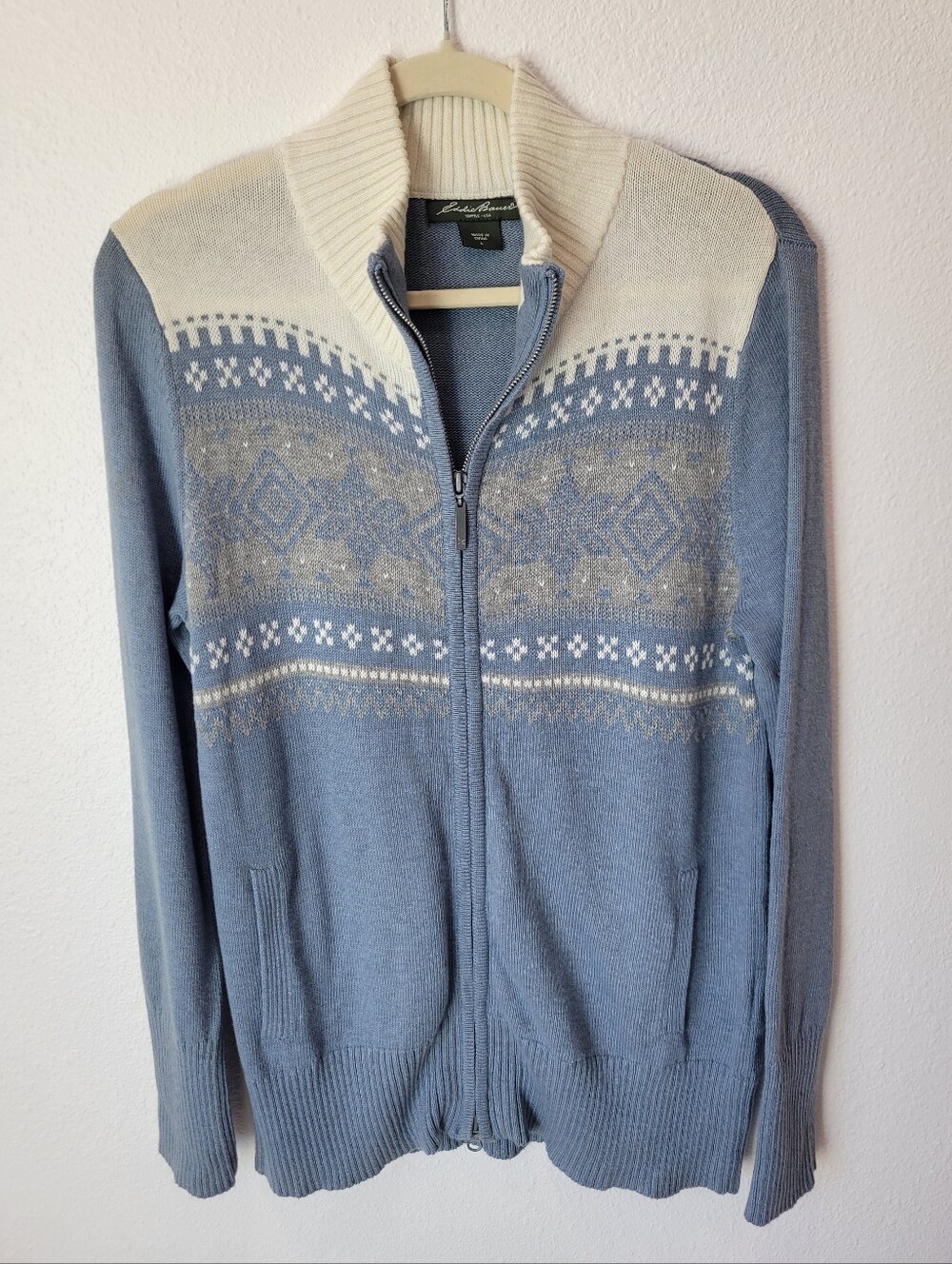Eddie Bauer Women L Light Blue Cream Fair Isle Zip Up Sweater Cotton Blend
